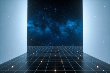 Abstract futuristic grid space with celestial galaxy background, featuring digital grid, lights, and cosmic stars. Represents sci-fi, technology, and digital universe concepts.