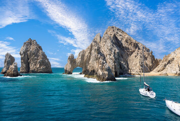 Scenic landmark tourist destination Arch of Cabo San Lucas, El Arco, whale watching and snorkeling spot .