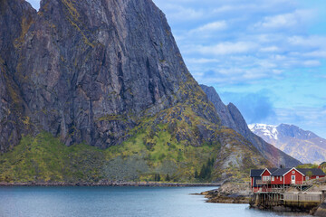 Beautiful fishing village Reine, scenic dramatic views of Lofoten islands in Norway.