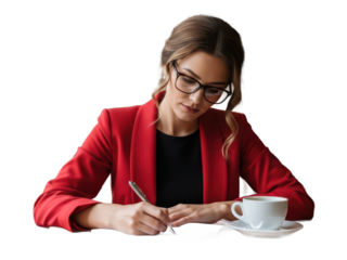 Focused businesswoman in red blazer writing notes with coffee cup isolated on transparent background