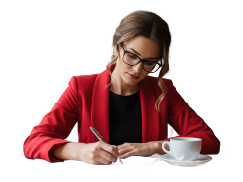Focused businesswoman in red blazer writing notes with coffee cup isolated on transparent background - Powered by Adobe