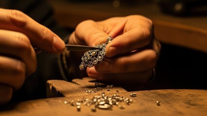 Close-up of hands threading beads onto a needle on a wooden work surface.