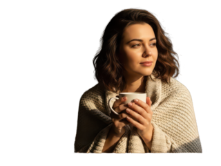 Young woman holding a warm cup of coffee with cozy expression isolated on transparent background
