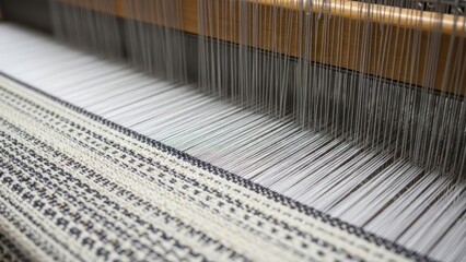 Close-up view of a loom's warp and weft threads in a weaving machine with wooden parts
