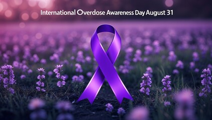 Purple ribbon in field of flowers for International Overdose Awareness Day
