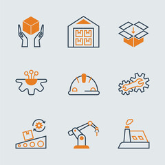 Flat vector icon set representing industrial and manufacturing processes in a modern minimal line style