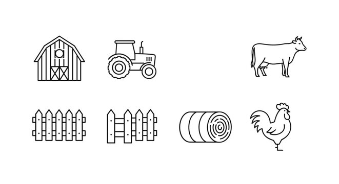 Farm icons including barn, tractor, cow, fence, hay bale, and rooster