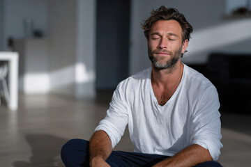 Fototapeta premium A relaxed man sits peacefully on the floor, embodying tranquility and mindfulness, illuminated by soft natural light that enhances the calming atmosphere of the space.