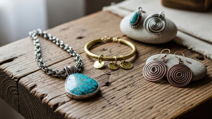 Close-up of various jewelry pieces on a wooden table with natural light