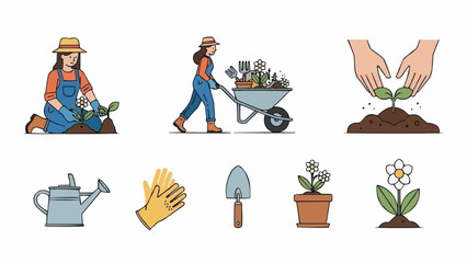 Gardening tools and people planting flowers and plants.