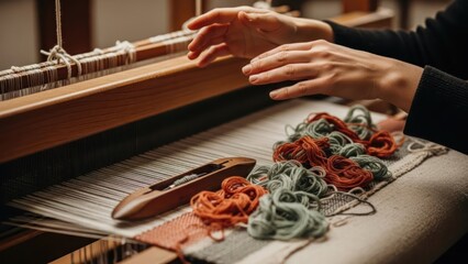 Close-up of hands weaving colorful threads on a traditional loom with a wooden shuttle.