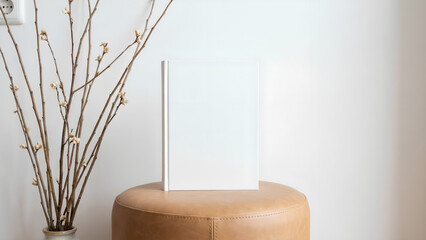 blank book on leather stool with plant vase