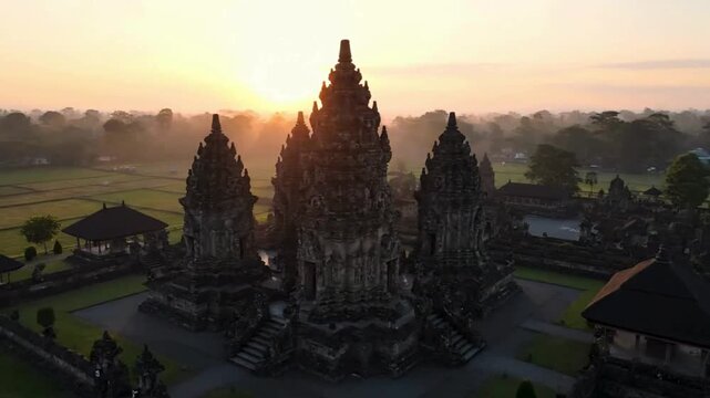 Aerial View of Prambanan Temple at Sunset.