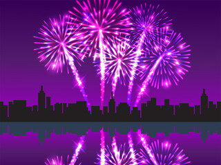 Vibrant purple fireworks light up a city skyline with glowing reflections on calm water. Perfect for celebration themes and holiday designs. Vector style.