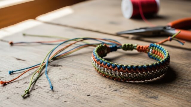 Close-up of a colorful woven bracelet on a wooden table with threads and scissors.