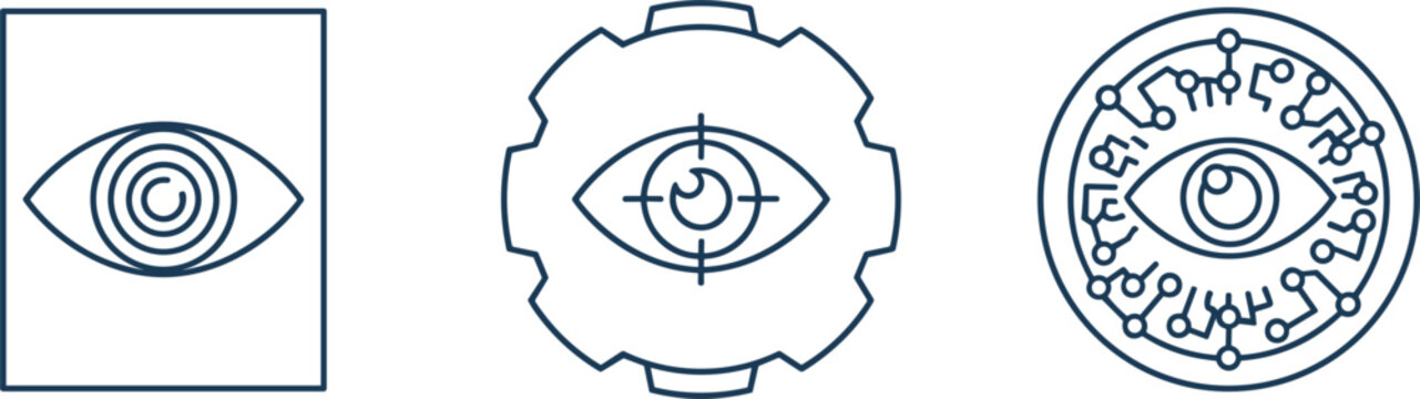 Biometric eye scan and iris recognition line icon set representing digital security, identity verification, privacy surveillance, and advanced optical scanning technology interface.