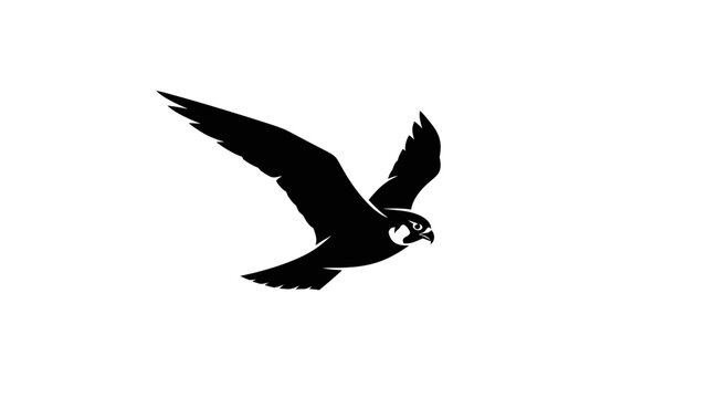 A black silhouette of a bird in flight against a white background.
