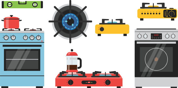 Gas Stove and Kitchen Appliance Vector Set with Oven, Burner, Cooker, and Coffee Maker Equipment for Home Cooking and Culinary Illustrations