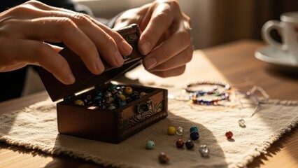 Hands opening a wooden box filled with colorful beads on a table with scattered jewelry