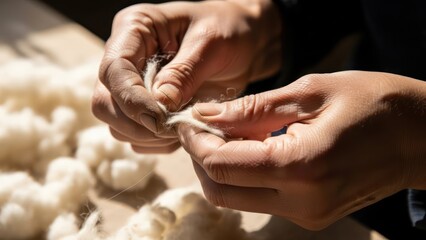 Obraz premium Close-up of hands handling cotton fibers on a table with natural light