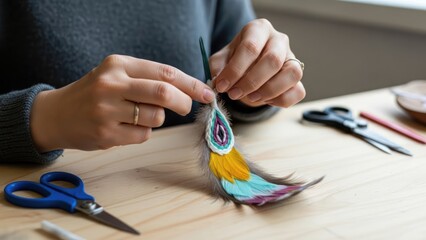 Close-up of a person's hands crafting a colorful bird ornament with scissors and tools on a wooden