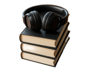Stack of books with headphones on top for reading and listening isolated on transparent background