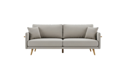 Modern Light Gray Fabric Two Seater Sofa Product Shot with Wooden Legs isolated PNG with Transparent Background