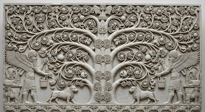 Elaborate stone relief carvings from ancient Mesopotamian civilizations depict winged gods and lions on either side of the sacred Tree of Life.