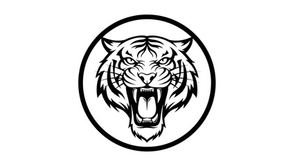 A black and white illustration of a tiger's head in a circle with an open mouth.