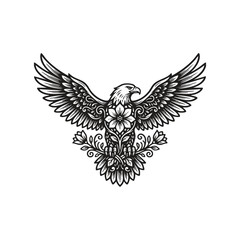 Obraz premium Majestic eagle illustration with wings spread wide, featuring a central floral motif and intricate botanical patterns throughout its feathers, artistic black and white predatory bird design isolated