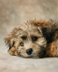 baby puppy relaxed pose, blank pastel background