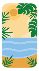 Obraz premium Vertical Flat Vector Tropical Beach and Palm Leaf Frame Background