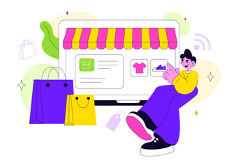 Smart Retail Store Vector Illustration Featuring Modern Digital Technology, Automated Shopping System, And Futuristic Customer Experience Background
