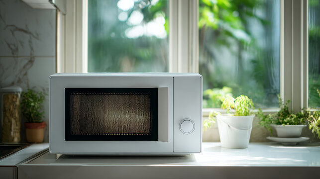 Microwave oven on kitchen countertop near window with potted plants and natural light creating fresh and calm atmosphere