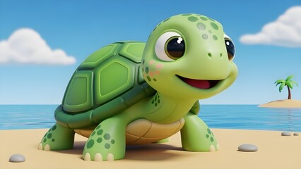 Fototapeta premium D-style cartoon illustration of a cheerful green turtle with spotted skin and shell, smiling on a sandy beach