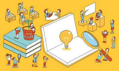 学生たちが学校や塾などでの学習を通じて未来・将来に向けた成長をするイラスト