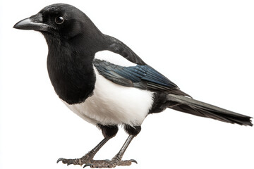 Black and white bird with glossy feathers perched, showing detailed plumage and sharp beak against white background