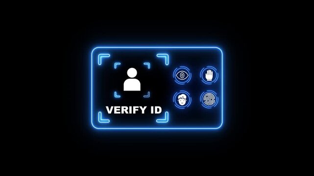 Verify I D neon lit identification card with user and biometric verification symbols on black background for secure authentication and identity verification processes
