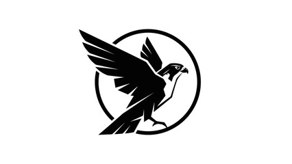 Naklejka premium Black silhouette of a bird in flight within a circle on white background.