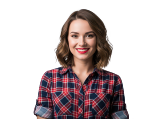 Smiling young woman in red plaid shirt posing cheerfully isolated on transparent background