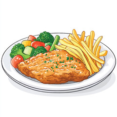 Plate of breaded chicken cutlet with french fries and vegetables.