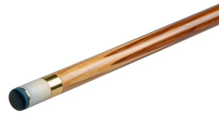 Close-up Product Shot of Wooden Billiards Cue Stick Tip with White Ferrule and Blue Leather End isolated PNG with Transparent Background