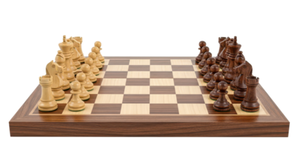 Classic Wooden Chess Board with Light and Dark Pieces Set Up Ready to Play isolated PNG with Transparent Background