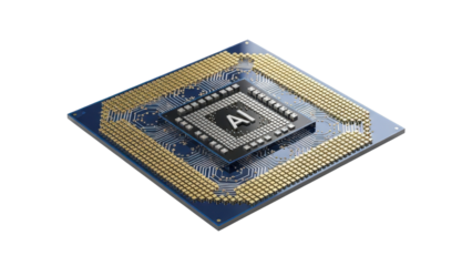 Microprocessor with 'AI' Text on Blue Board and Gold Pins, 3D Render isolated PNG with Transparent Background