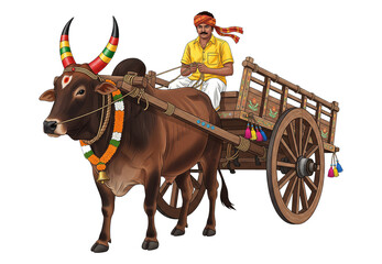 Fototapeta premium Indian Bull Cart Illustration for Pongal Festival Celebration with Decorated Bull and Farmer (PNG) Transparnt