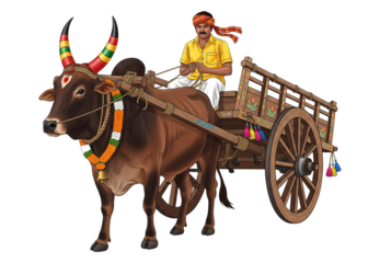 Indian Bull Cart Illustration for Pongal Festival Celebration with Decorated Bull and Farmer (PNG) Transparnt