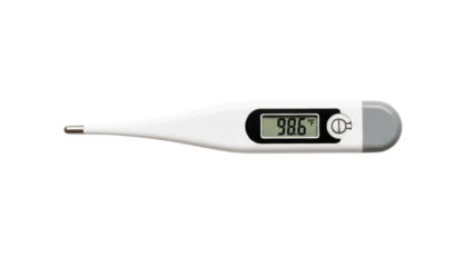 Medical Digital Thermometer Product Shot Displaying 98.6 Degrees Fahrenheit isolated PNG with Transparent Background