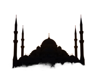 Silhouette of a mosque with four minarets and central dome isolated on transparent background