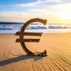 Fototapeta premium Euro symbol buried in beach sand at sunset; waves in distance, warm tones
