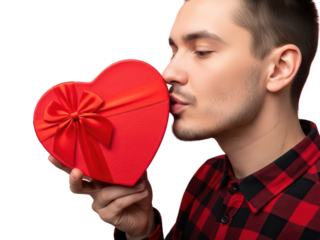 Man kissing heartshaped gift box with red ribbon in romantic gesture isolated on transparent background